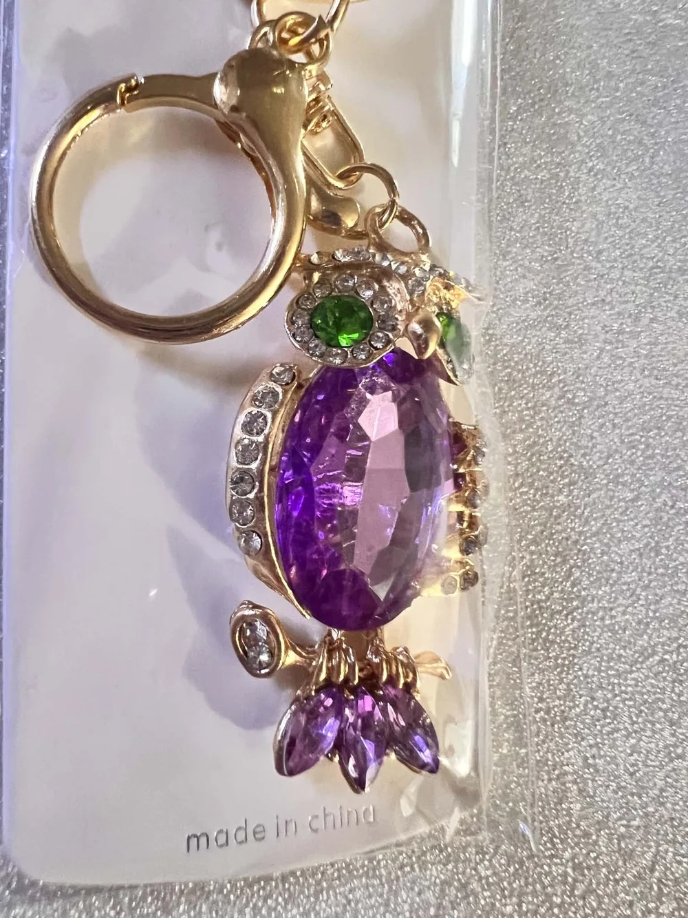 Mint Purple Crystal Owl Keychain with Green Eyes and Gold Tone
